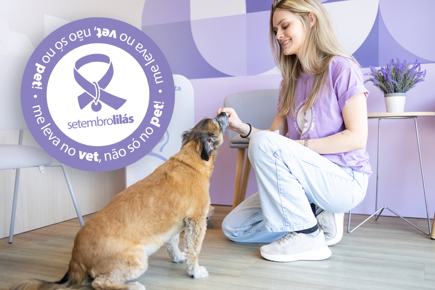 Mulher sorridente, vestindo camiseta lilás, oferece petisco a um cachorro de porte médio em um ambiente interno. Ao lado, um selo circular roxo da campanha Setembro Lilás traz a mensagem “me leva no vet, não só no pet!” e um laço lilás estilizado.